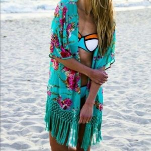 Green Floral Kimono Swim Cover Up